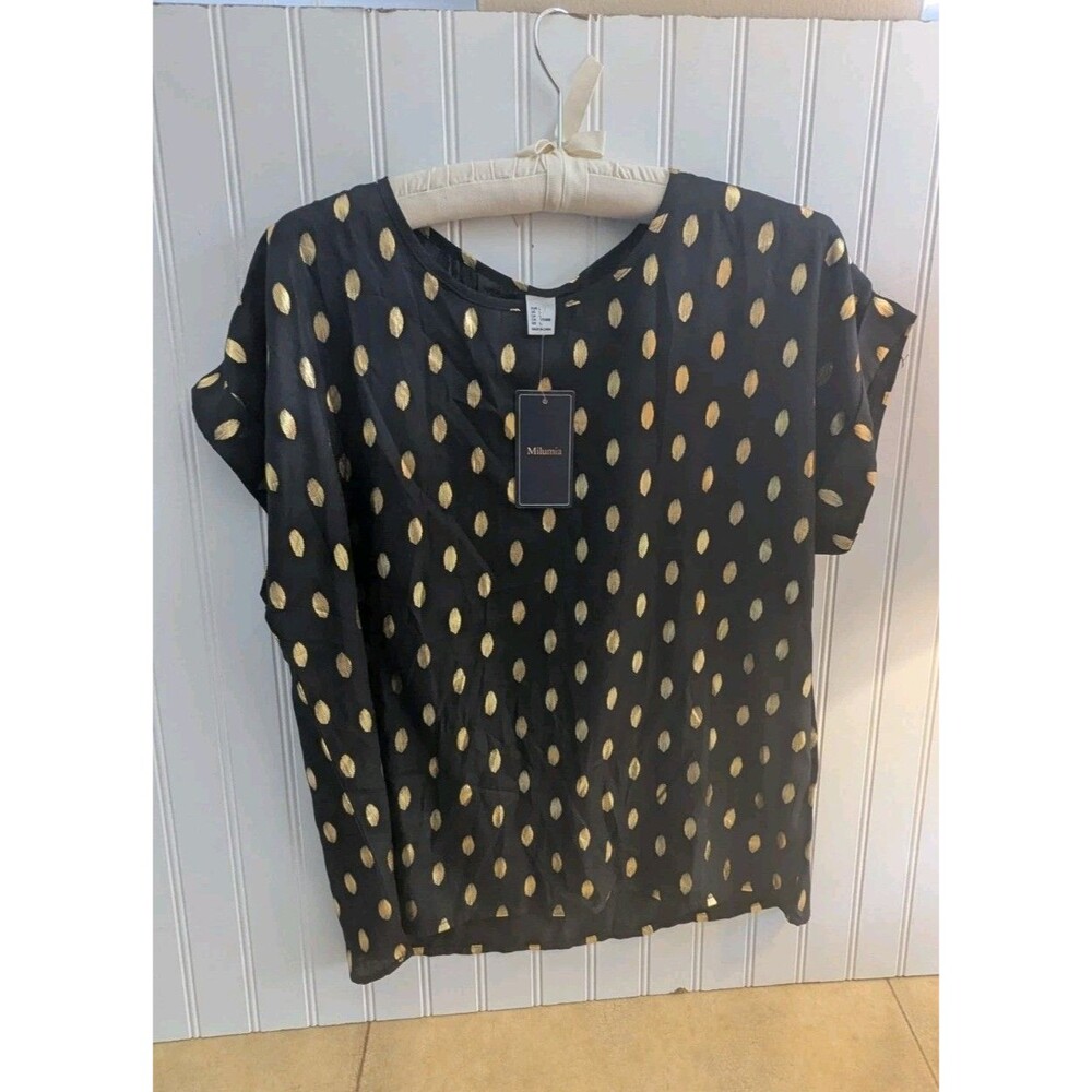 Milumia New Black & Gold Metallic Polka Dot Round Neck short sleeve Blouse M